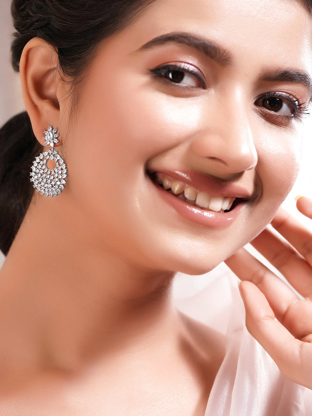 Rhodium Plated Brass American Diamond Floral Drop Earrings