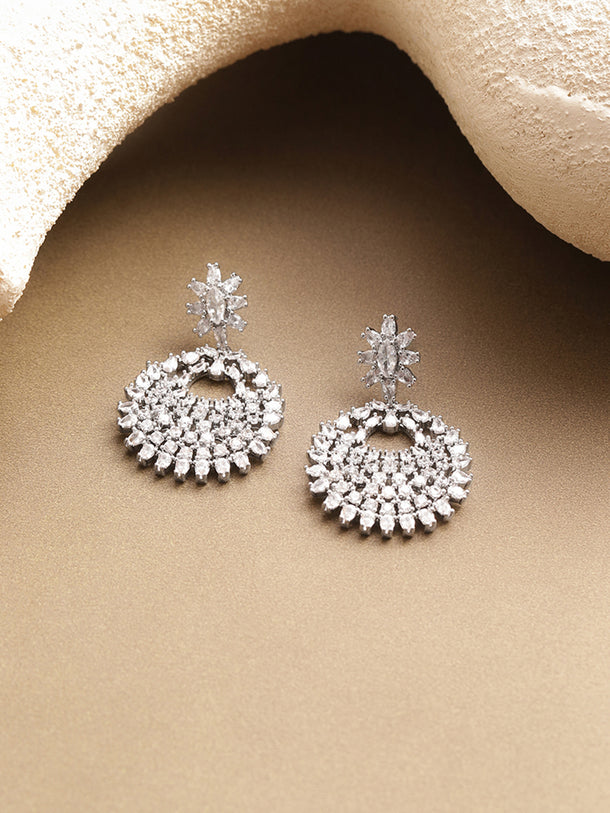 Rhodium Plated Brass American Diamond Floral Drop Earrings