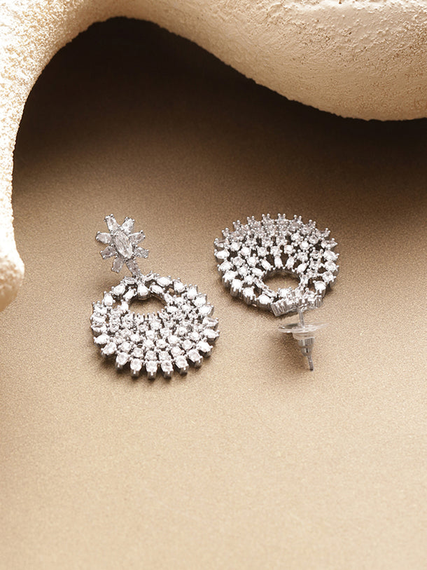 Rhodium Plated Brass American Diamond Floral Drop Earrings