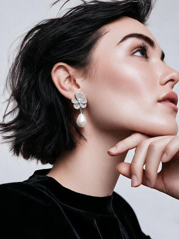 Rhodium Plated Crystal Bloom Pearl Drop Earrings