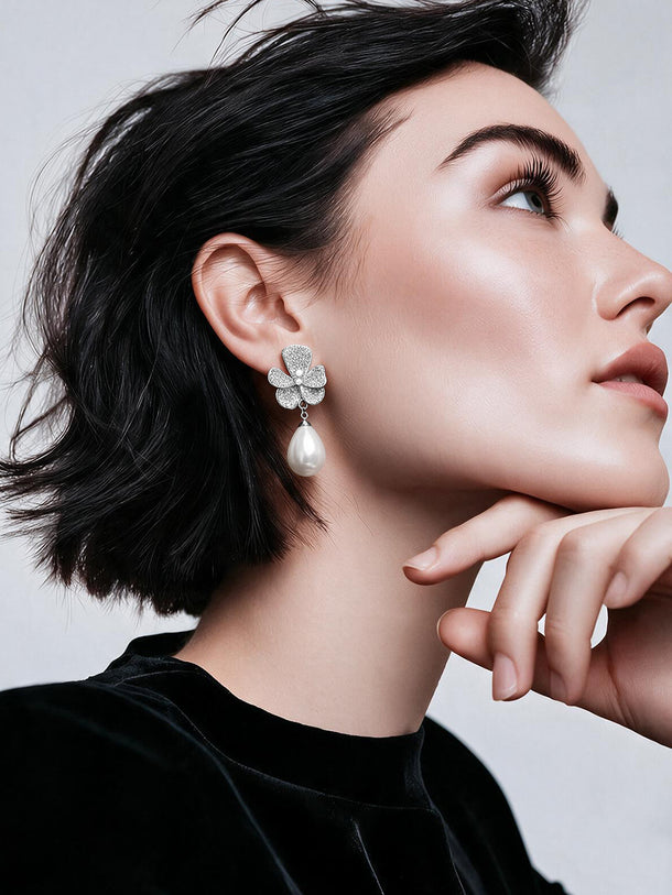 Rhodium Plated Crystal Bloom Pearl Drop Earrings