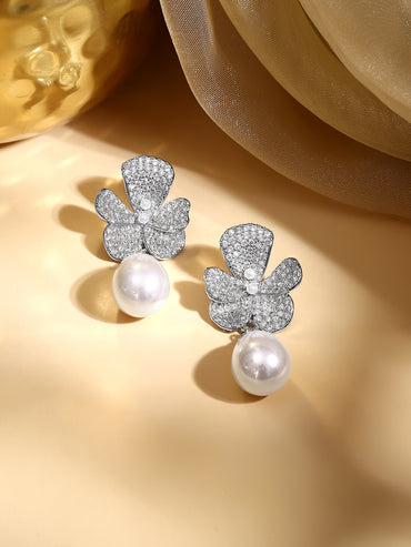 Rhodium Plated Crystal Bloom Pearl Drop Earrings