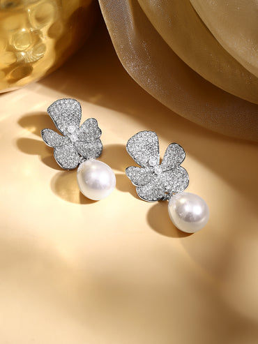 Rhodium Plated Crystal Bloom Pearl Drop Earrings