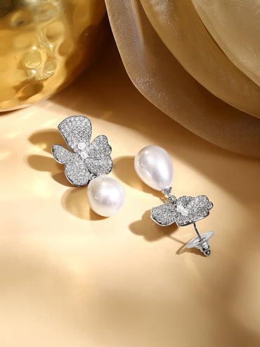 Rhodium Plated Crystal Bloom Pearl Drop Earrings