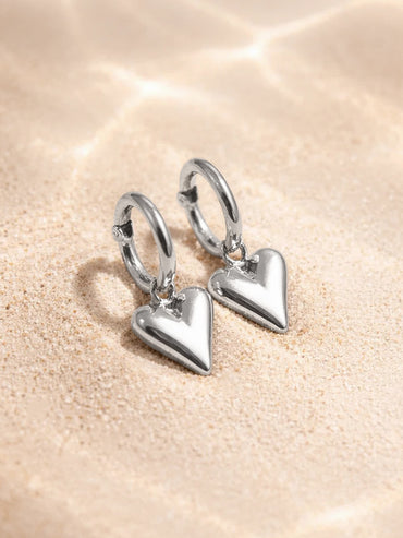 Demi Fine Rhodium Plated Puffy Heart Charm Hoop Drop Earrings | Anti Tarnish