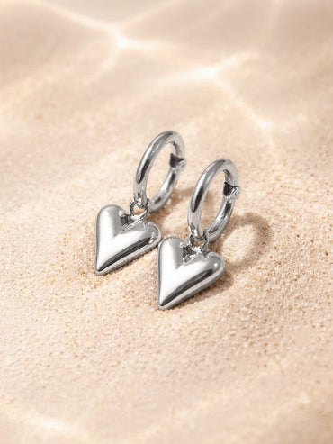 Demi Fine Rhodium Plated Puffy Heart Charm Hoop Drop Earrings | Anti Tarnish