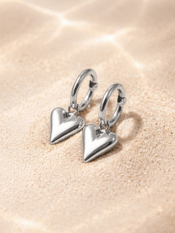 Demi Fine Rhodium Plated Puffy Heart Charm Hoop Drop Earrings | Anti Tarnish