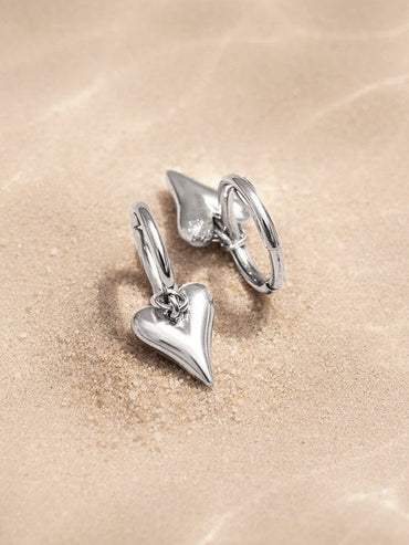 Demi Fine Rhodium Plated Puffy Heart Charm Hoop Drop Earrings | Anti Tarnish