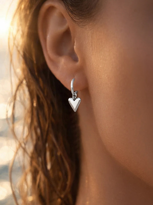 Demi Fine Rhodium Plated Puffy Heart Charm Hoop Drop Earrings | Anti Tarnish