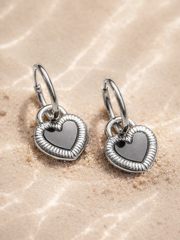 Demi Fine Rhodium Plated Enamel Heart Charm Drop Hoop Earrings | Anti Tarnish