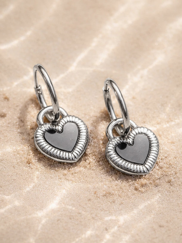 Demi Fine Rhodium Plated Enamel Heart Charm Drop Hoop Earrings | Anti Tarnish