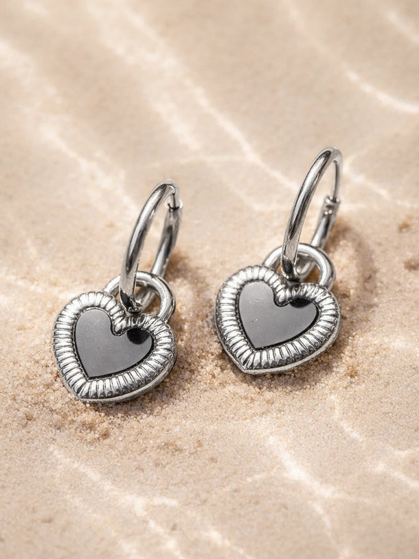 Demi Fine Rhodium Plated Enamel Heart Charm Drop Hoop Earrings | Anti Tarnish