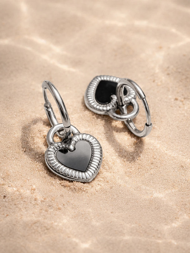 Demi Fine Rhodium Plated Enamel Heart Charm Drop Hoop Earrings | Anti Tarnish