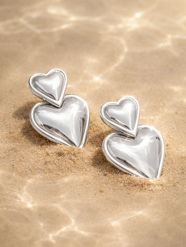 Demi Fine Rhodium Plated Double Heart Oversized Drop Earrings | Anti Tarnish