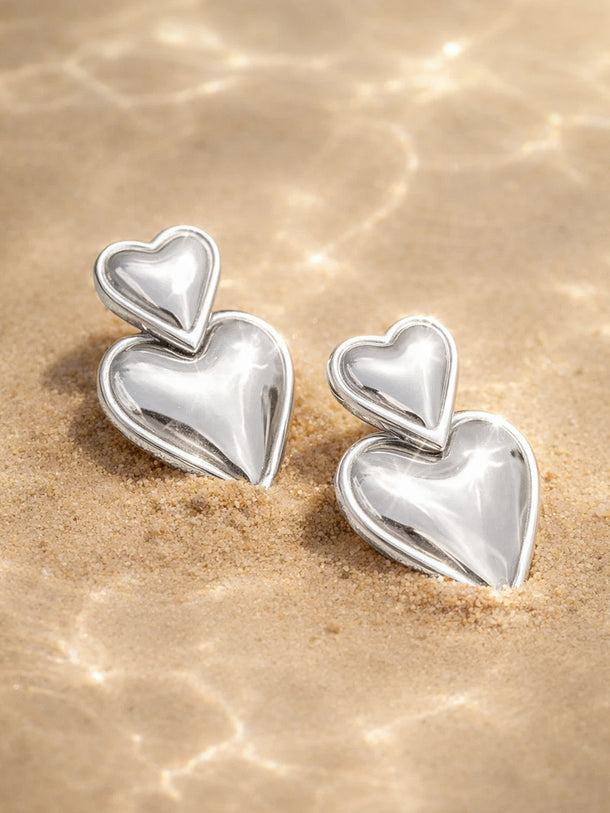 Demi Fine Rhodium Plated Double Heart Oversized Drop Earrings | Anti Tarnish