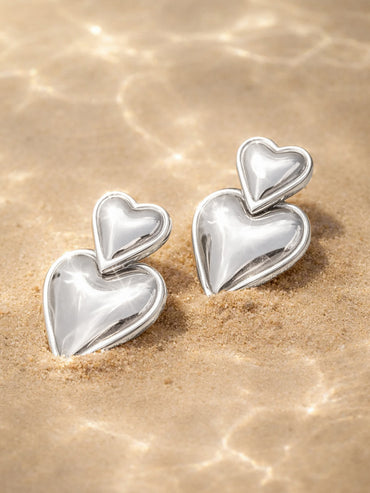 Demi Fine Rhodium Plated Double Heart Oversized Drop Earrings | Anti Tarnish