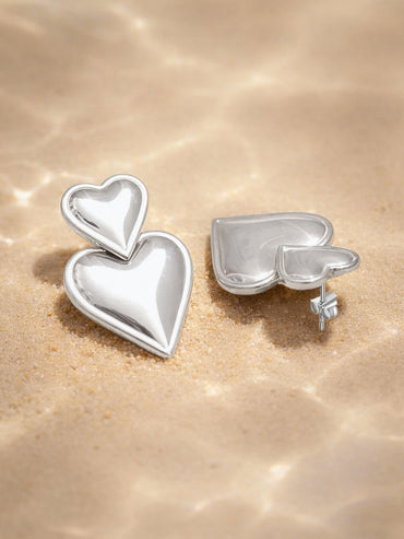 Demi Fine Rhodium Plated Double Heart Oversized Drop Earrings | Anti Tarnish