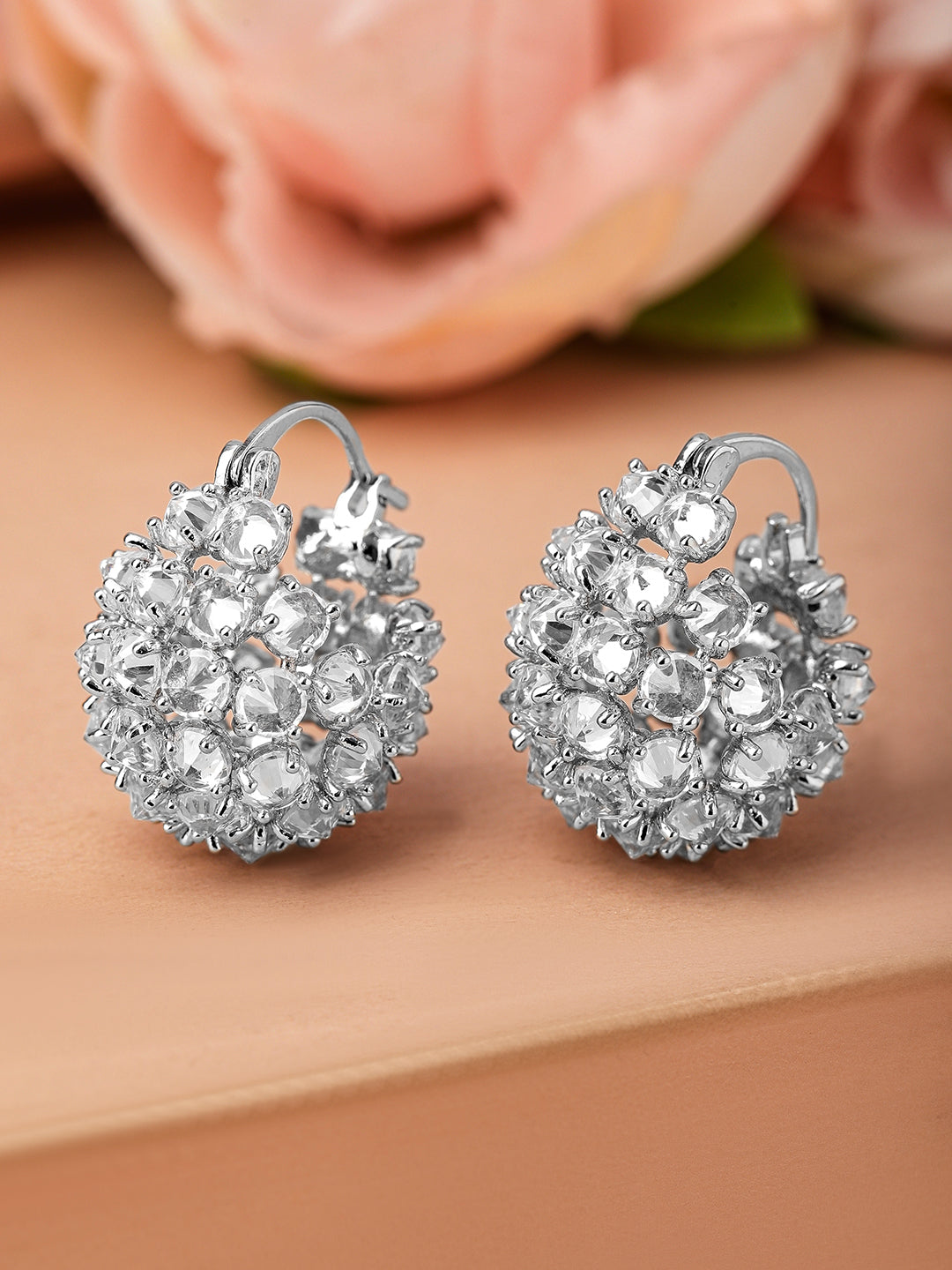 Rubans Rhodium-Plated Cubic Zirconia Cluster Design Statement Hoop Earrings