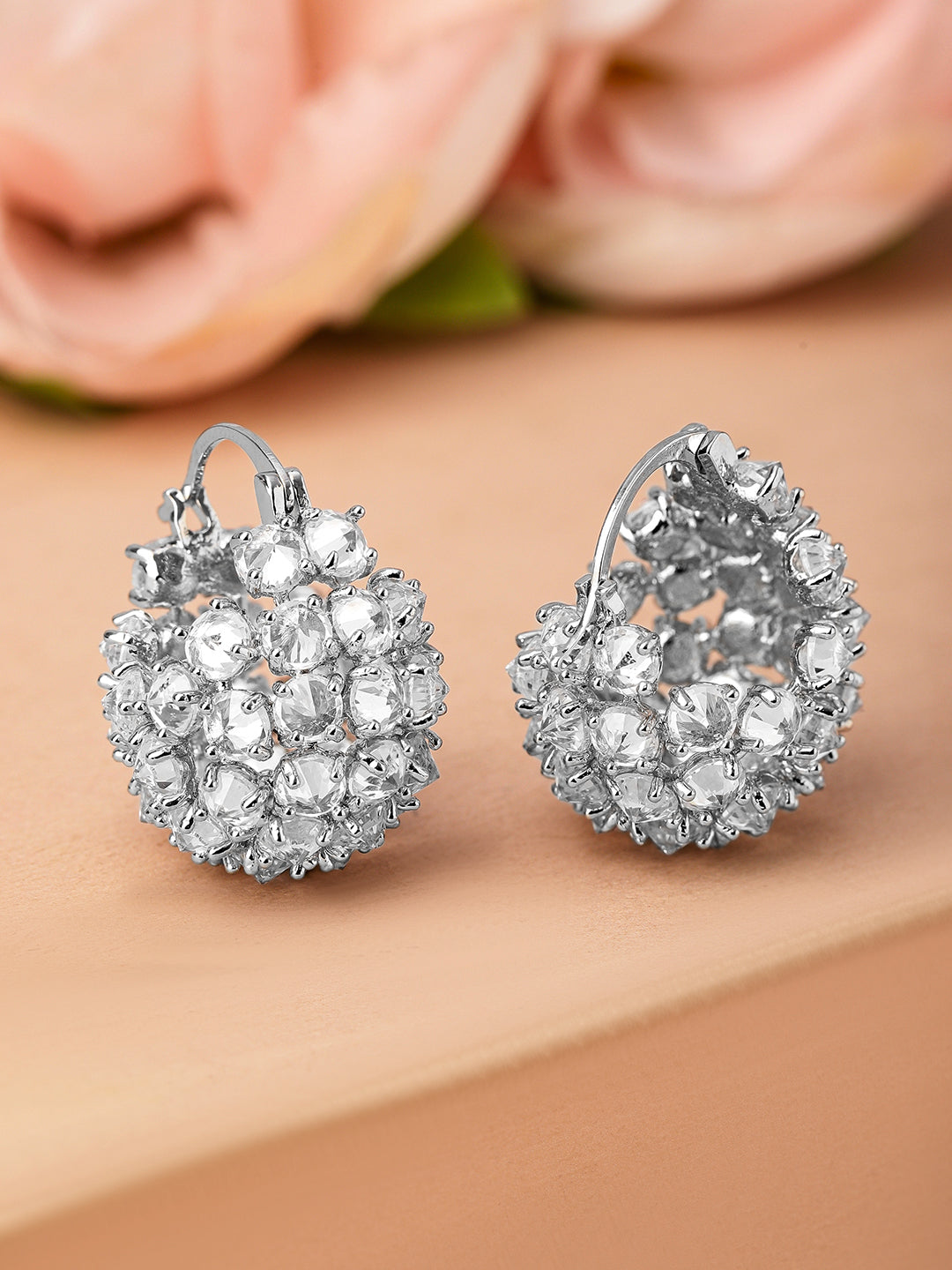 Rubans Rhodium-Plated Cubic Zirconia Cluster Design Statement Hoop Earrings