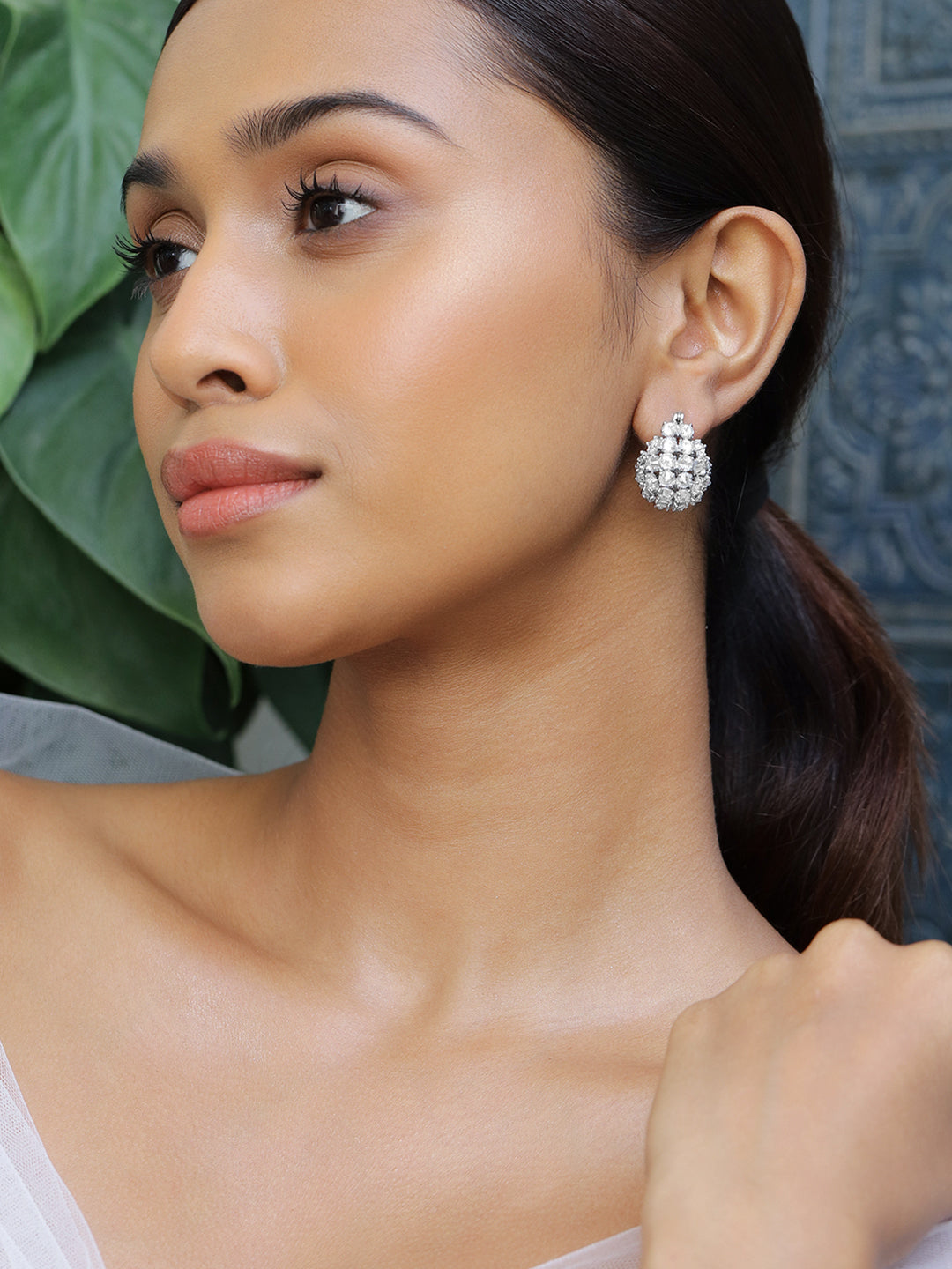 Rubans Rhodium-Plated Cubic Zirconia Cluster Design Statement Hoop Earrings