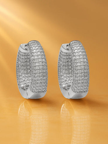 Rubans Stainless Steel Rhodium-Plated Cubic Zirconia Studded Circular Shaped Hoop Earrings
