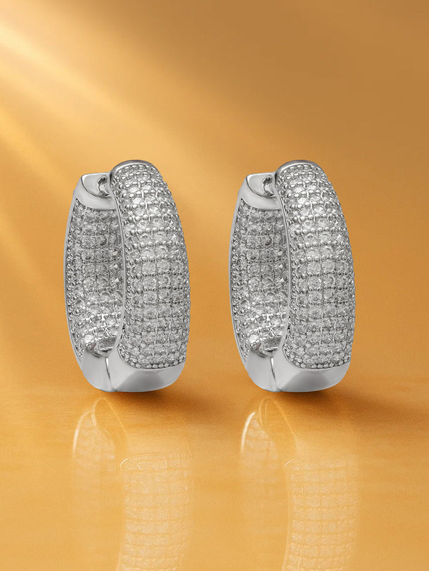Rubans Stainless Steel Rhodium-Plated Cubic Zirconia Studded Circular Shaped Hoop Earrings