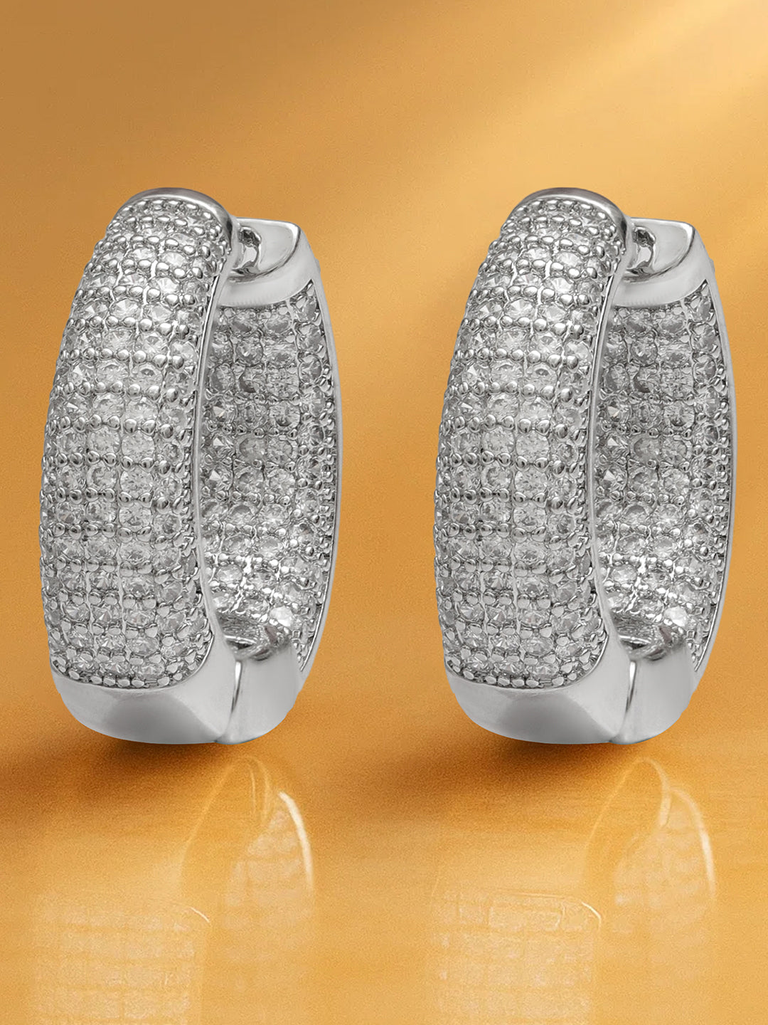 Rubans Stainless Steel Rhodium-Plated Cubic Zirconia Studded Circular Shaped Hoop Earrings