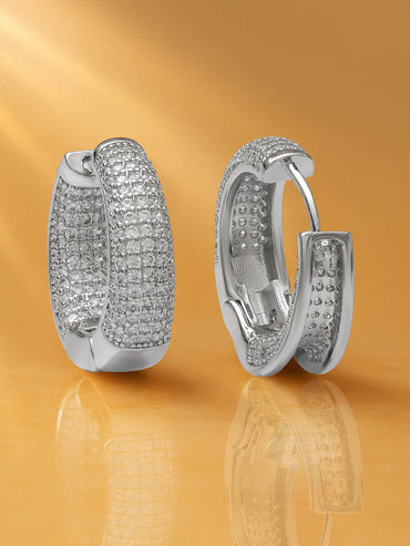 Rubans Stainless Steel Rhodium-Plated Cubic Zirconia Studded Circular Shaped Hoop Earrings