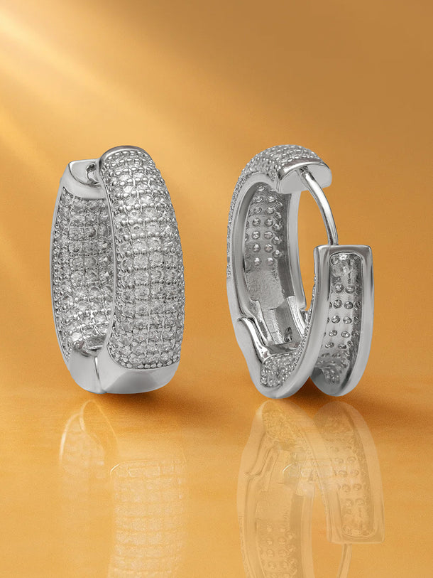 Rubans Stainless Steel Rhodium-Plated Cubic Zirconia Studded Circular Shaped Hoop Earrings