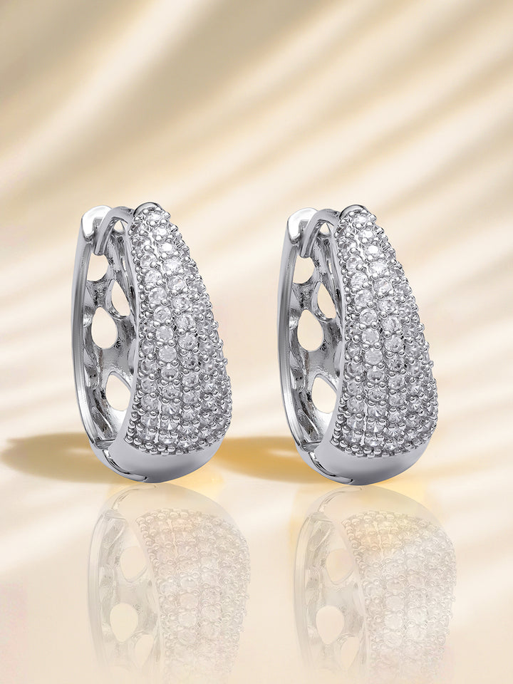 Rubans Rhodium-Plated Cubic Zirconia Studded Oval Shaped Hoop Earrings