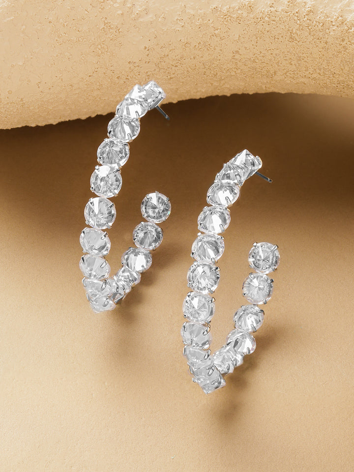 Rubans Rhodium-Plated Brass Sparkling Crystal Cubic Zirconia Hoop Earrings