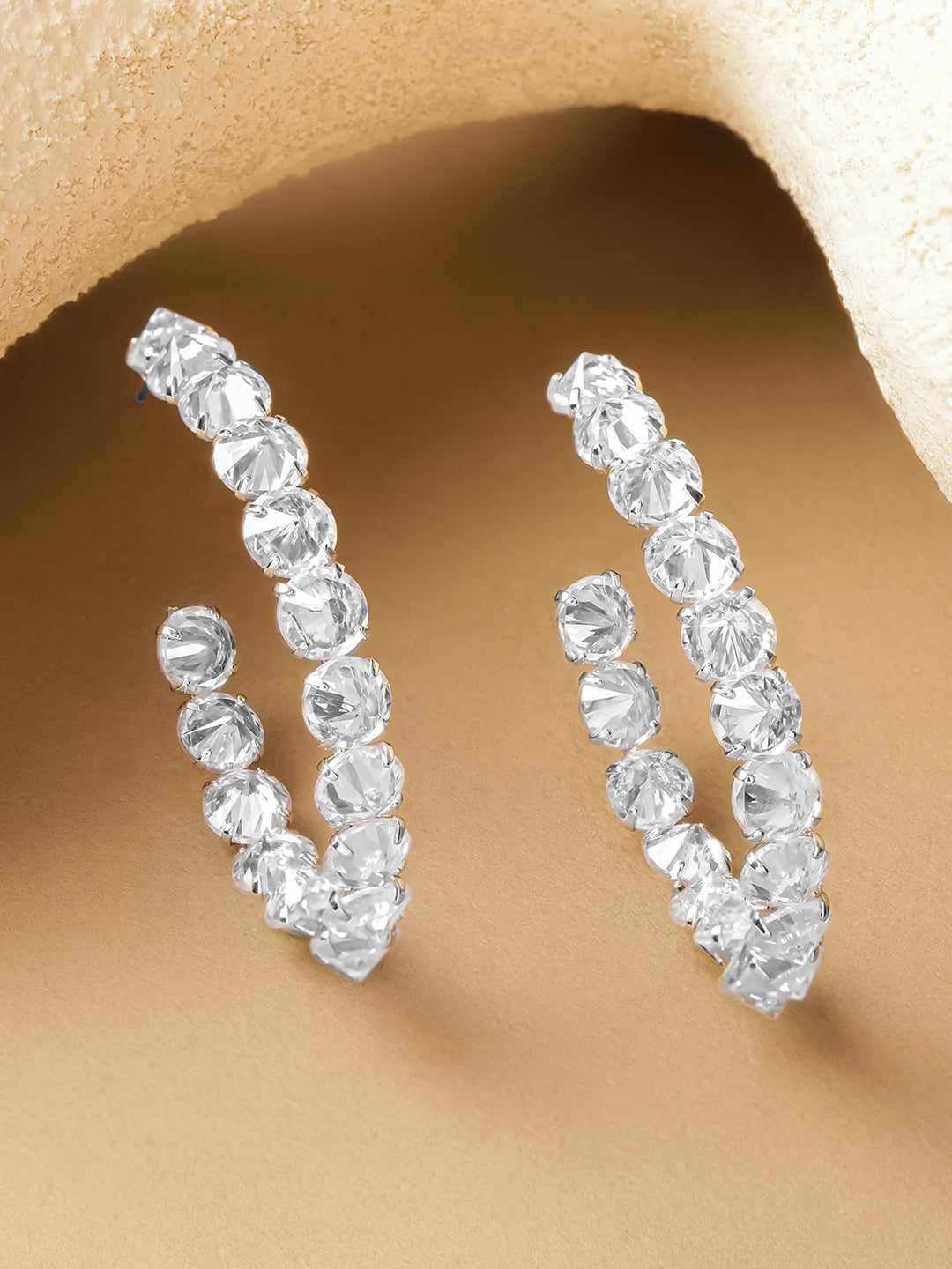 Rubans Rhodium-Plated Brass Sparkling Crystal Cubic Zirconia Hoop Earrings