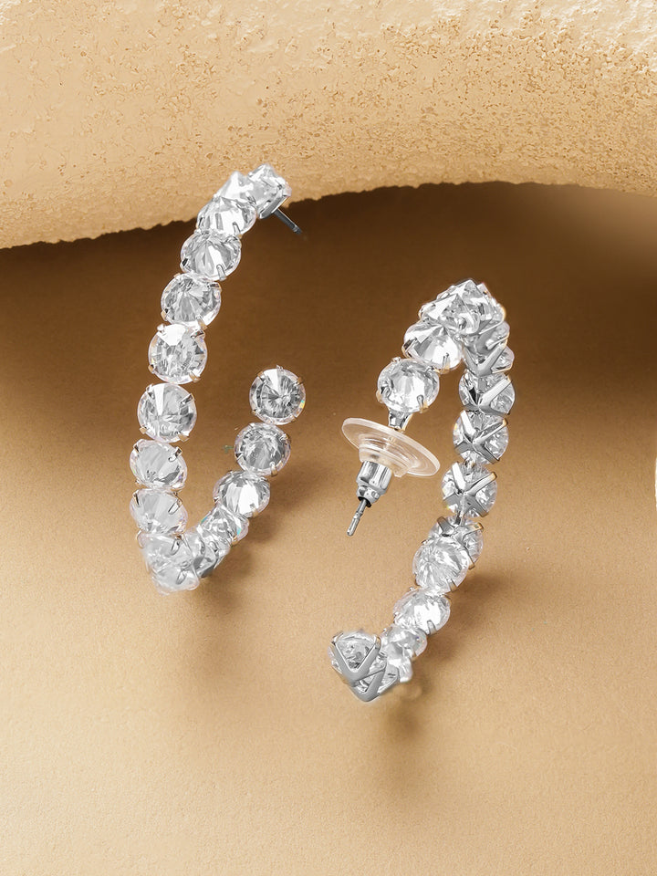 Rubans Rhodium-Plated Brass Sparkling Crystal Cubic Zirconia Hoop Earrings