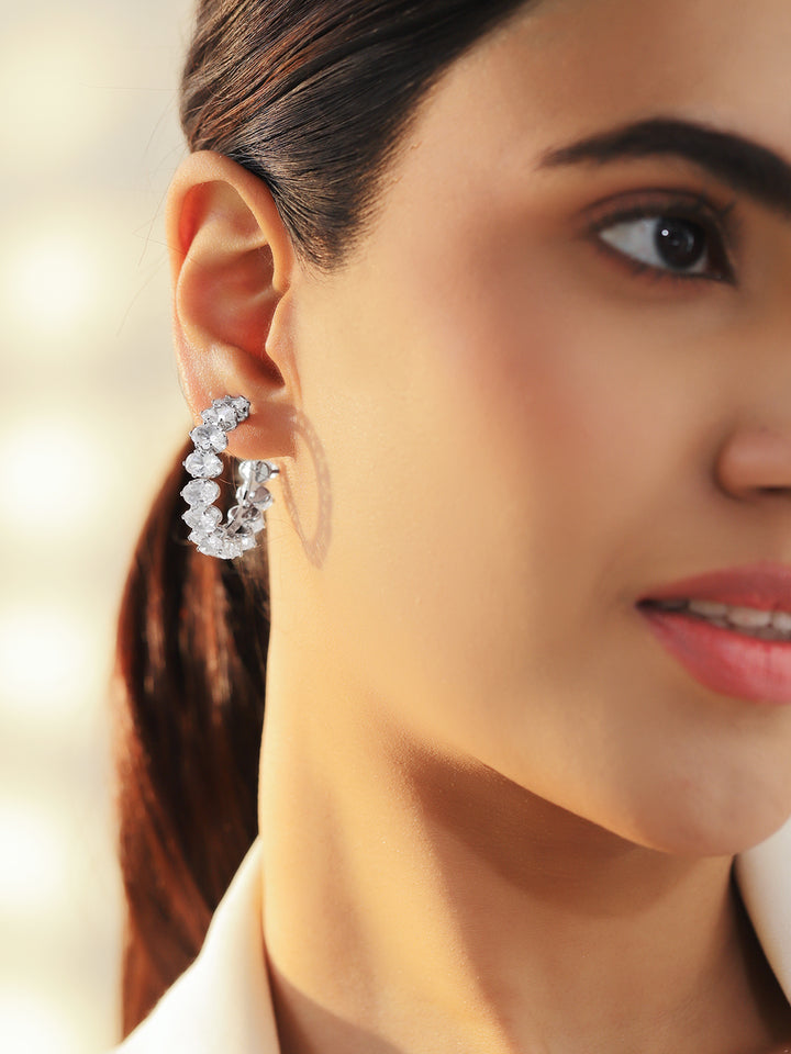 Rubans Rhodium-Plated Brass Crystal Cubic Zirconia Half-Hoop Earrings