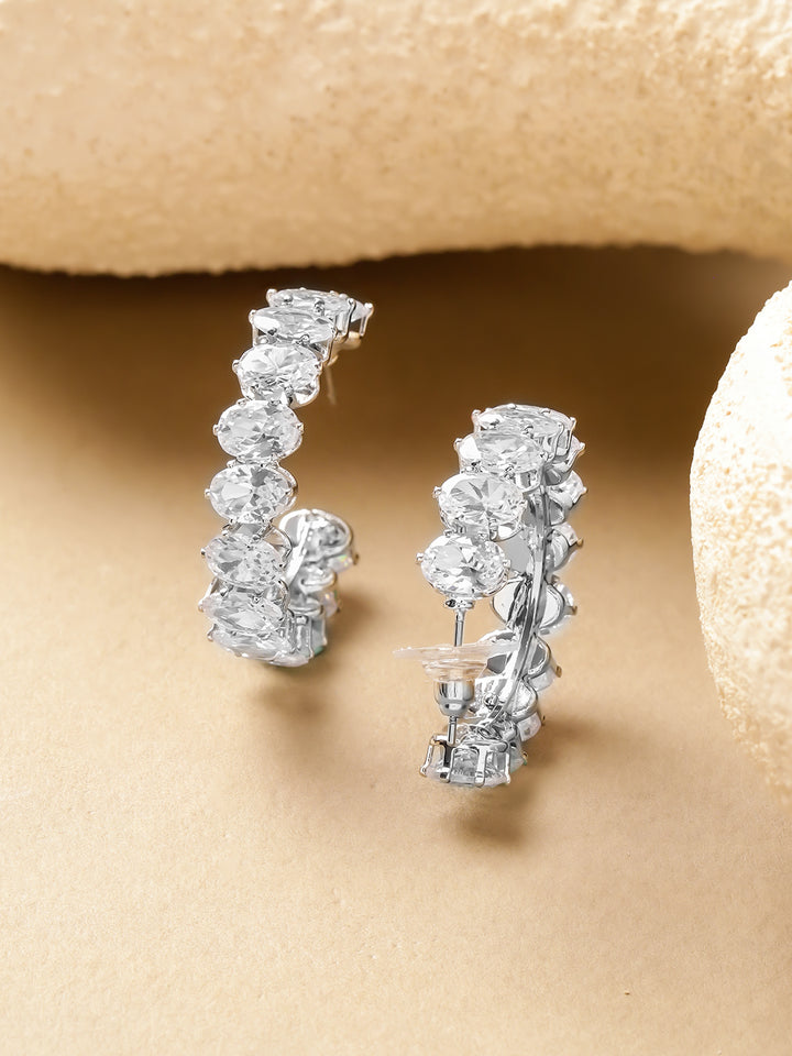 Rubans Rhodium-Plated Brass Crystal Cubic Zirconia Half-Hoop Earrings