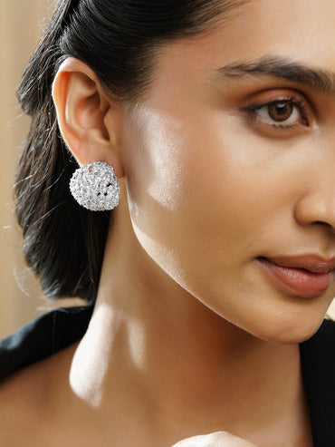 Rubans Rhodium Plated Brass Cubic Zirconia Embellished Dome Stud Earrings