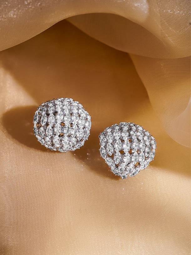 Rubans Rhodium Plated Brass Cubic Zirconia Embellished Dome Stud Earrings