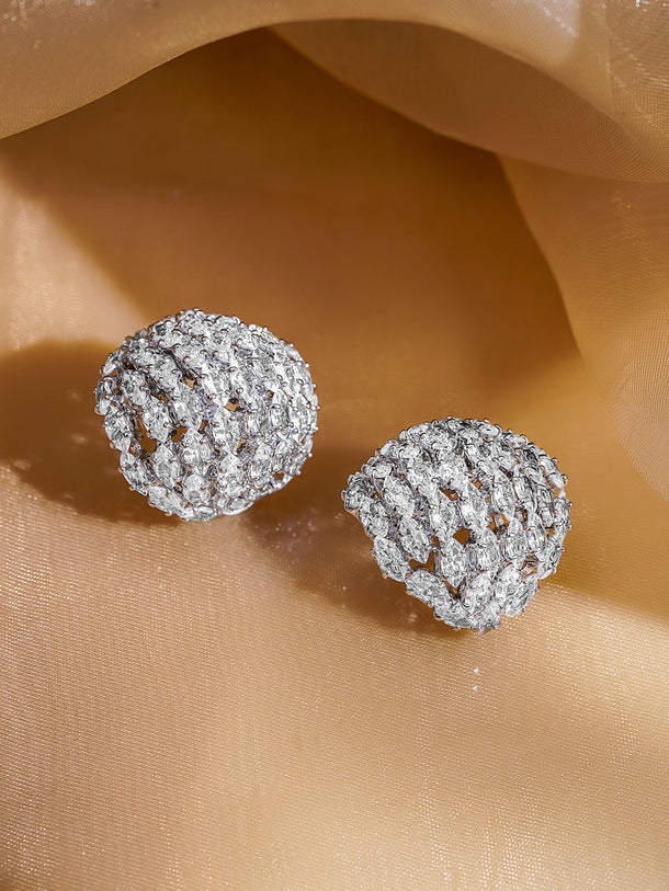 Rubans Rhodium Plated Brass Cubic Zirconia Embellished Dome Stud Earrings