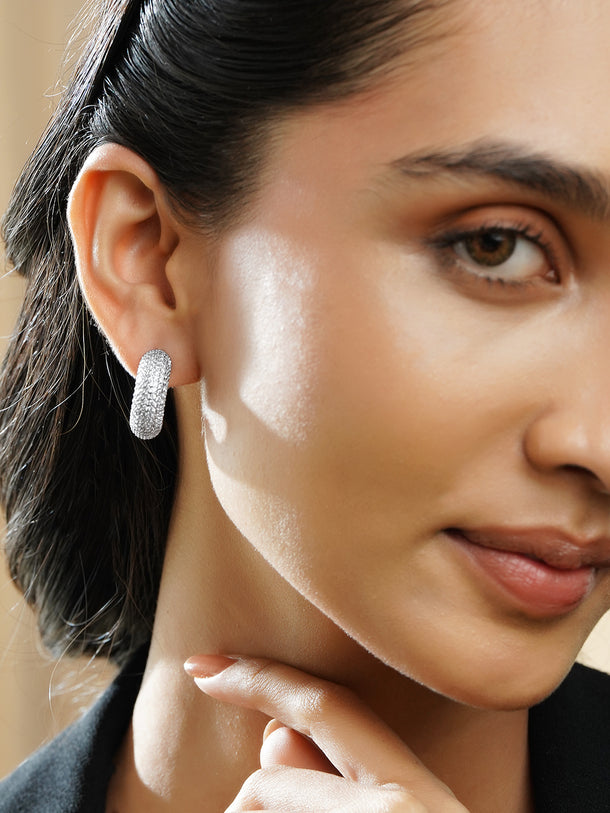 Rubans Rhodium-Plated Brass Crystal Zirconia Textured Dome Half Hoop Earrings