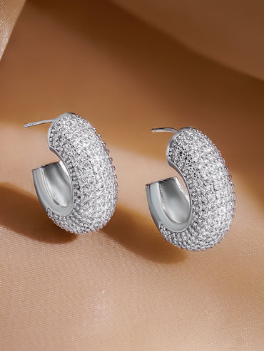 Rubans Rhodium-Plated Brass Crystal Zirconia Textured Dome Half Hoop Earrings