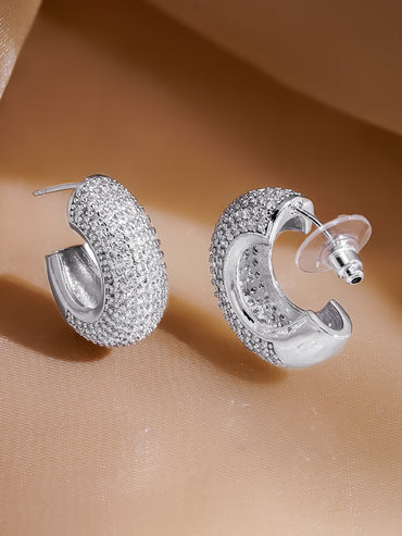 Rubans Rhodium-Plated Brass Crystal Zirconia Textured Dome Half Hoop Earrings