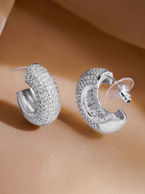 Rubans Rhodium-Plated Brass Crystal Zirconia Textured Dome Half Hoop Earrings
