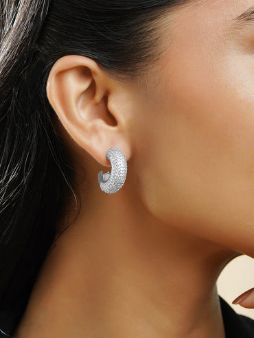 Rubans Rhodium-Plated Brass Crystal Zirconia Textured Dome Half Hoop Earrings