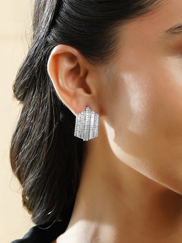 Rubans Rhodium-Plated Baguette AD Embellished Curved Statement Stud Earrings