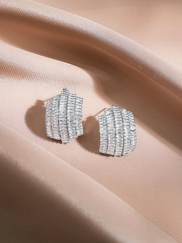 Rubans Rhodium-Plated Baguette AD Embellished Curved Statement Stud Earrings