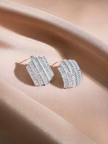 Rubans Rhodium-Plated Baguette AD Embellished Curved Statement Stud Earrings
