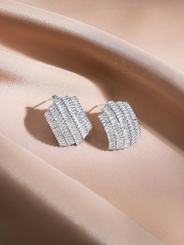 Rubans Rhodium-Plated Baguette AD Embellished Curved Statement Stud Earrings