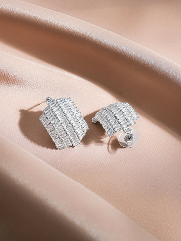 Rubans Rhodium-Plated Baguette AD Embellished Curved Statement Stud Earrings