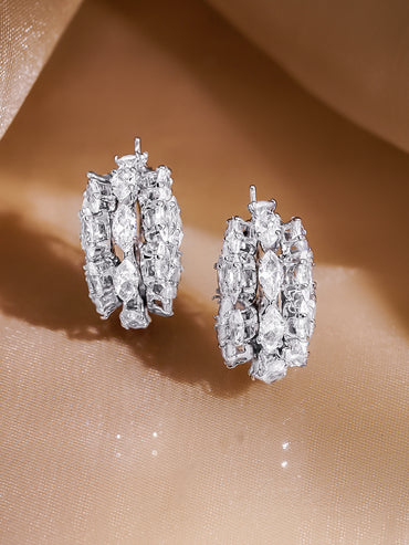 Rubans Rhodium-Plated Brass Clustered Crystal Zirconia Hoop Earrings