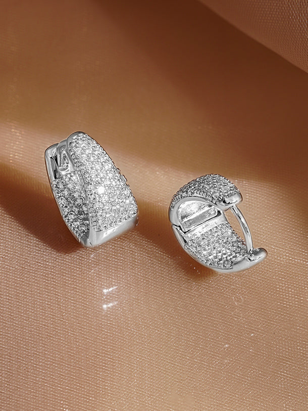 Rubans Rhodium-Plated Crystal Zirconia Tapered Minimal Huggie Hoop Earrings